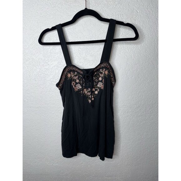 American Eagle Soft & Sexy Tank Black Floral Embroidered Small Tie Front Loose I - Picture 2 of 11